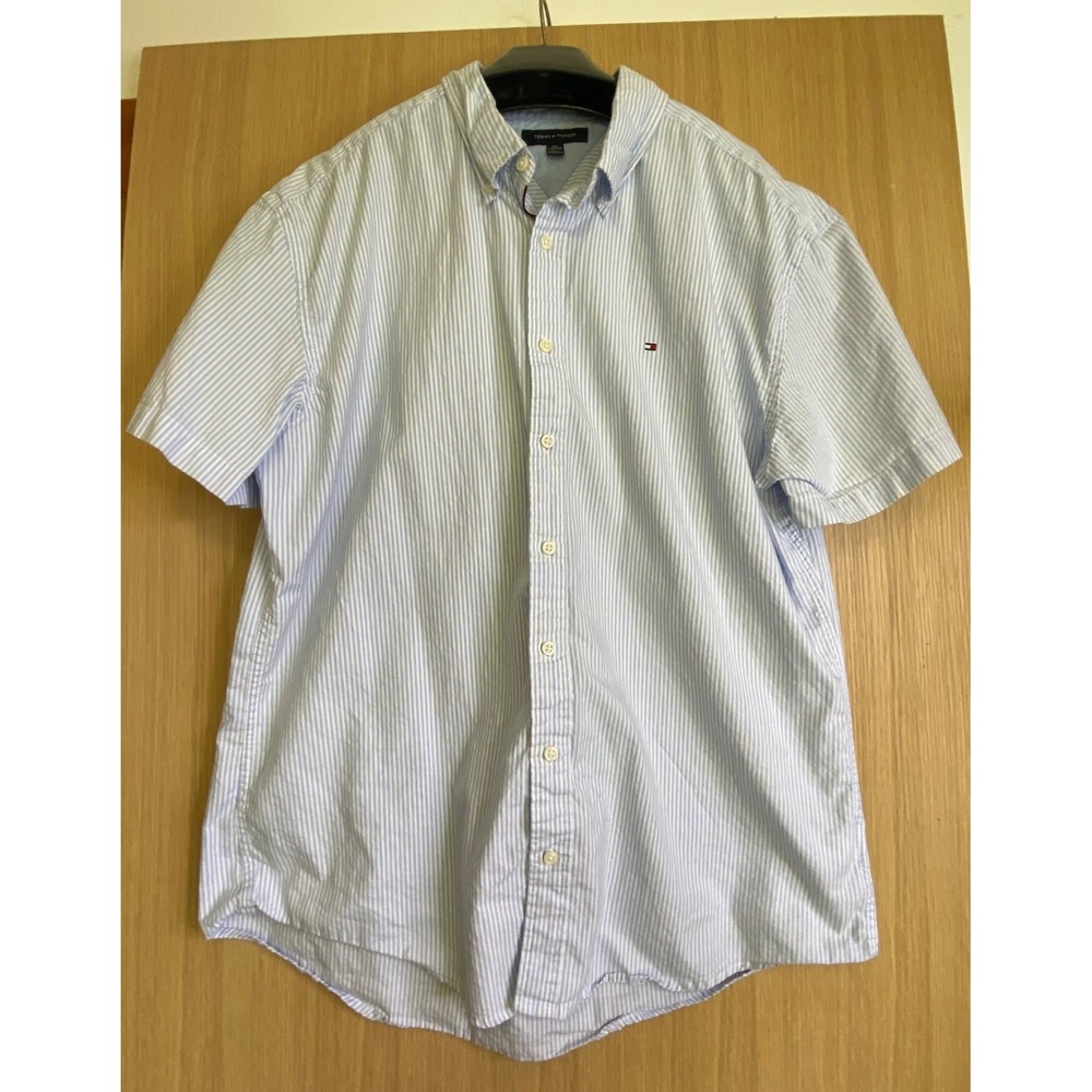 Tommy Hilfiger Mens XXL Short Sleeve Button Shirt Blue White Stripe Coastal Y2K